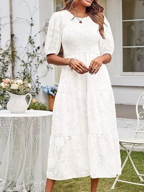 Unbranded white Midi dress smocked MEDIUM Short Puff Sleeve Floral Texture Tiers